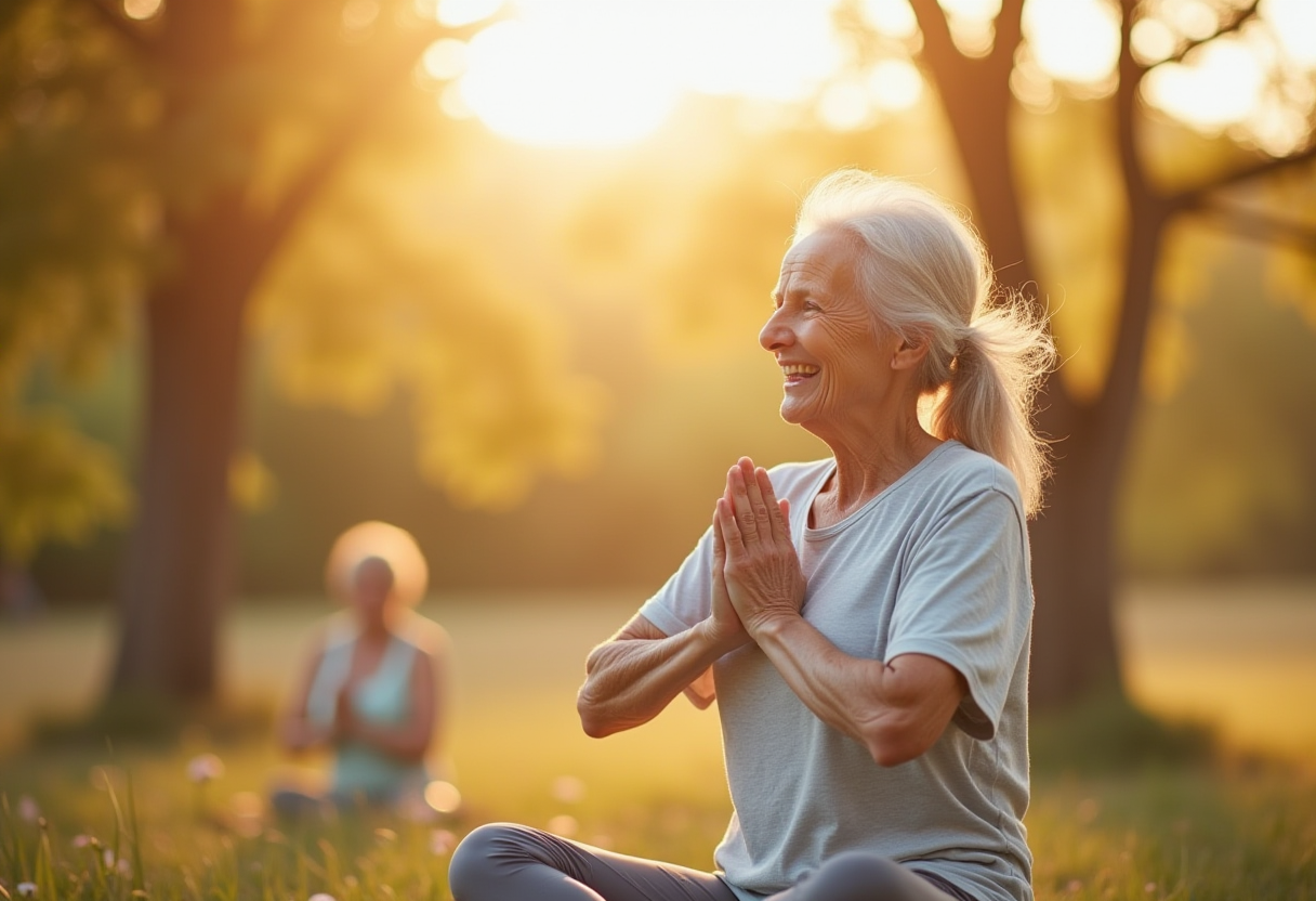 Група людей зрілого віку виконує дихальні вправи в колі